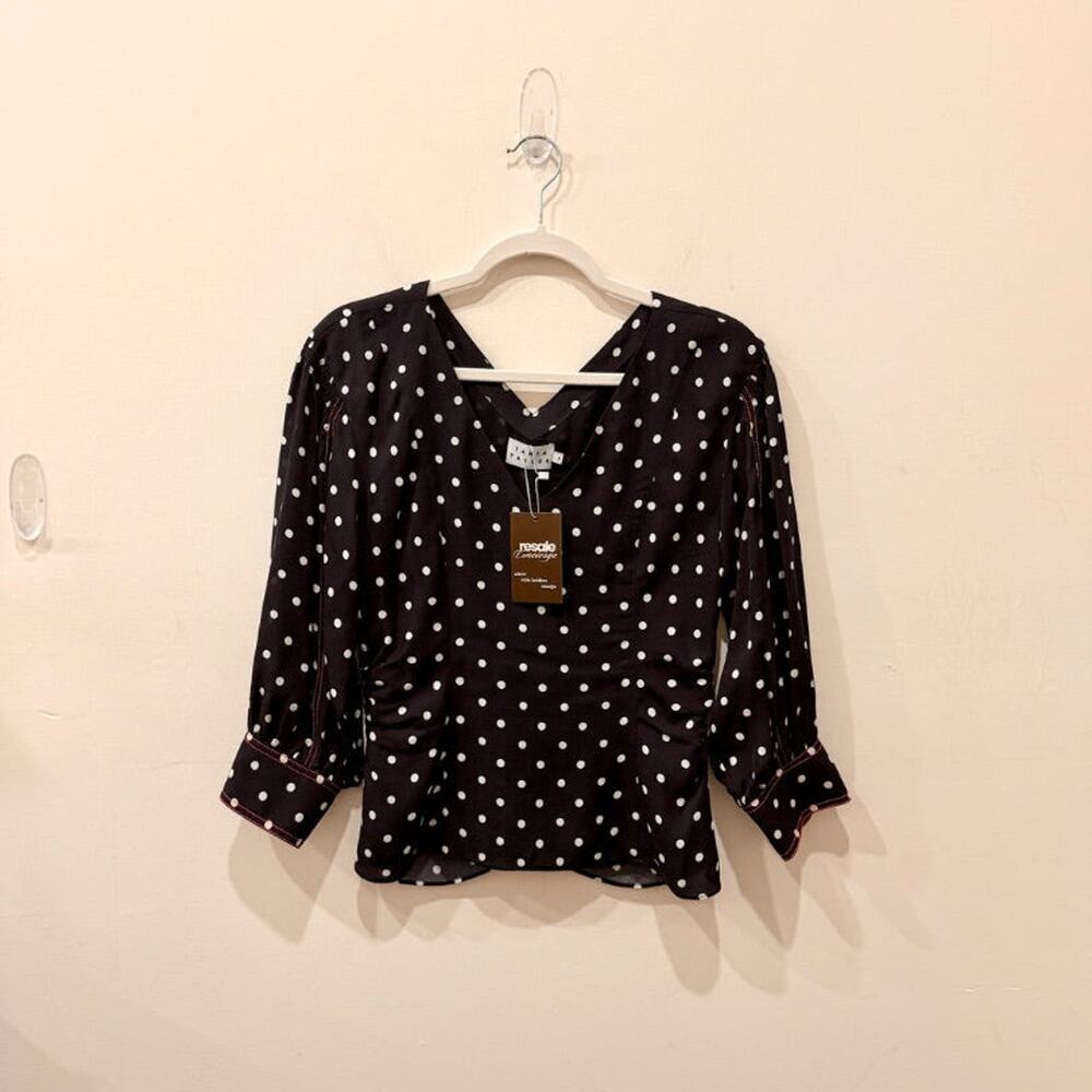 Tanya Taylor 100% Silk Polka Dots 3/4 Sleeve Shirt Navy Blue White Womens Size 6